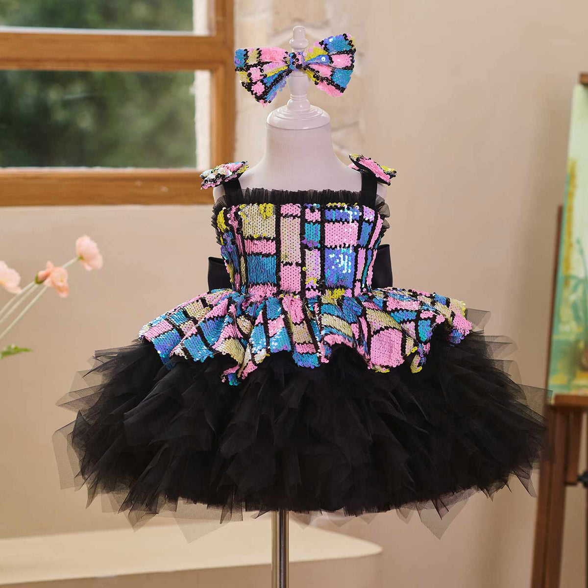 J520 Blue-Black sequin tulle flower girl dress