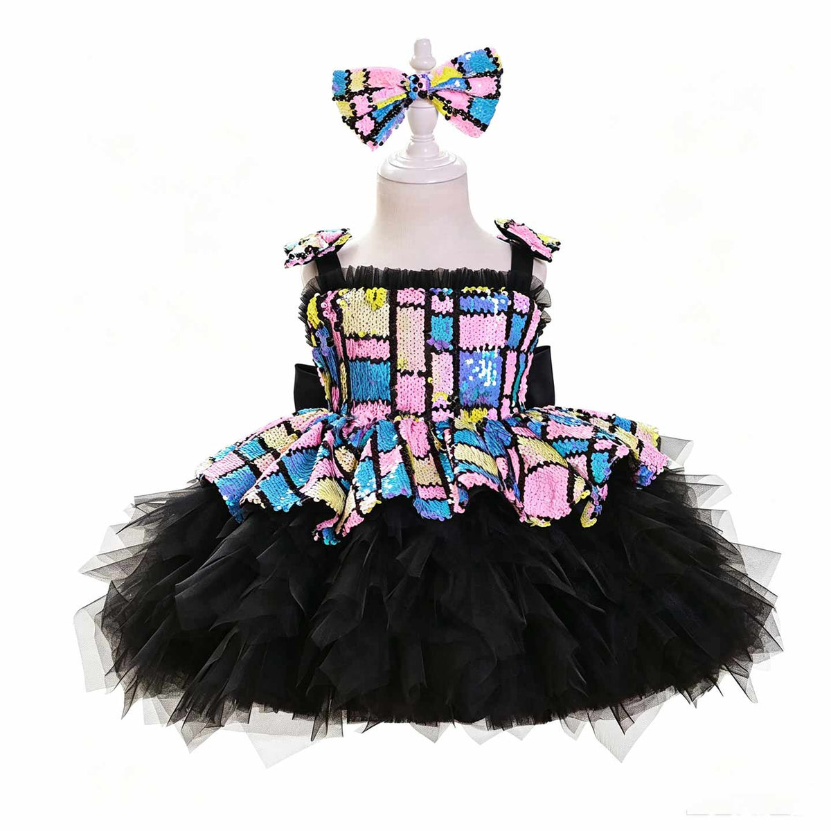 J520 Blue-Black sequin tulle flower girl dress
