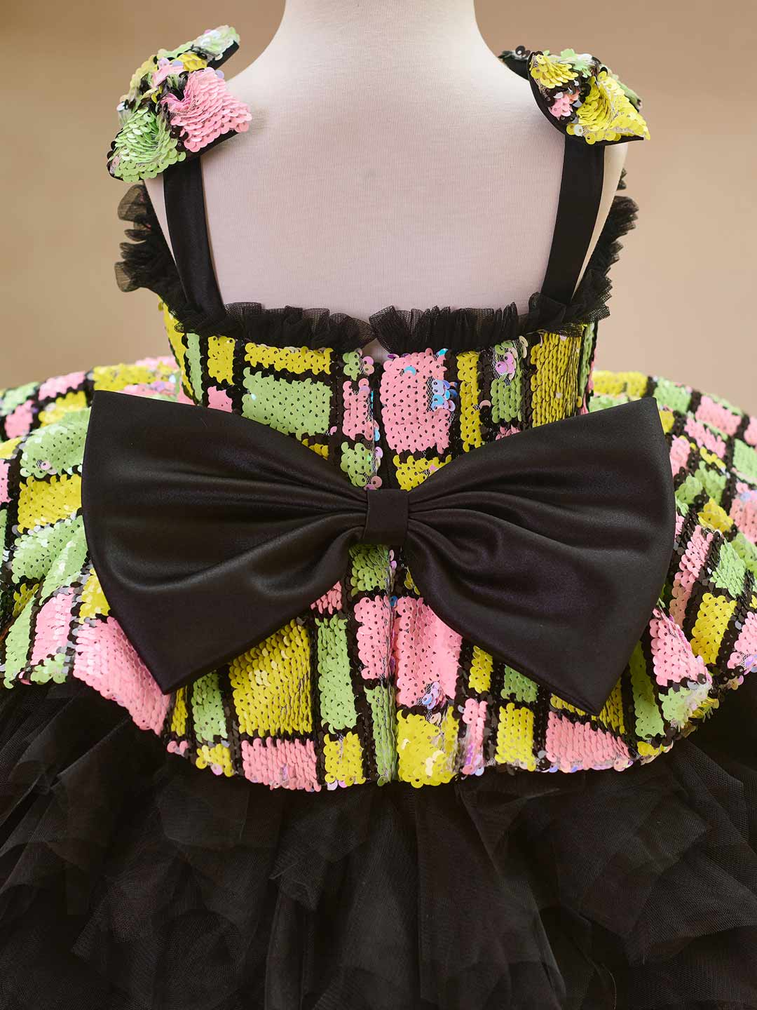 J520 Yellow-Black sequin tulle flower girl dress
