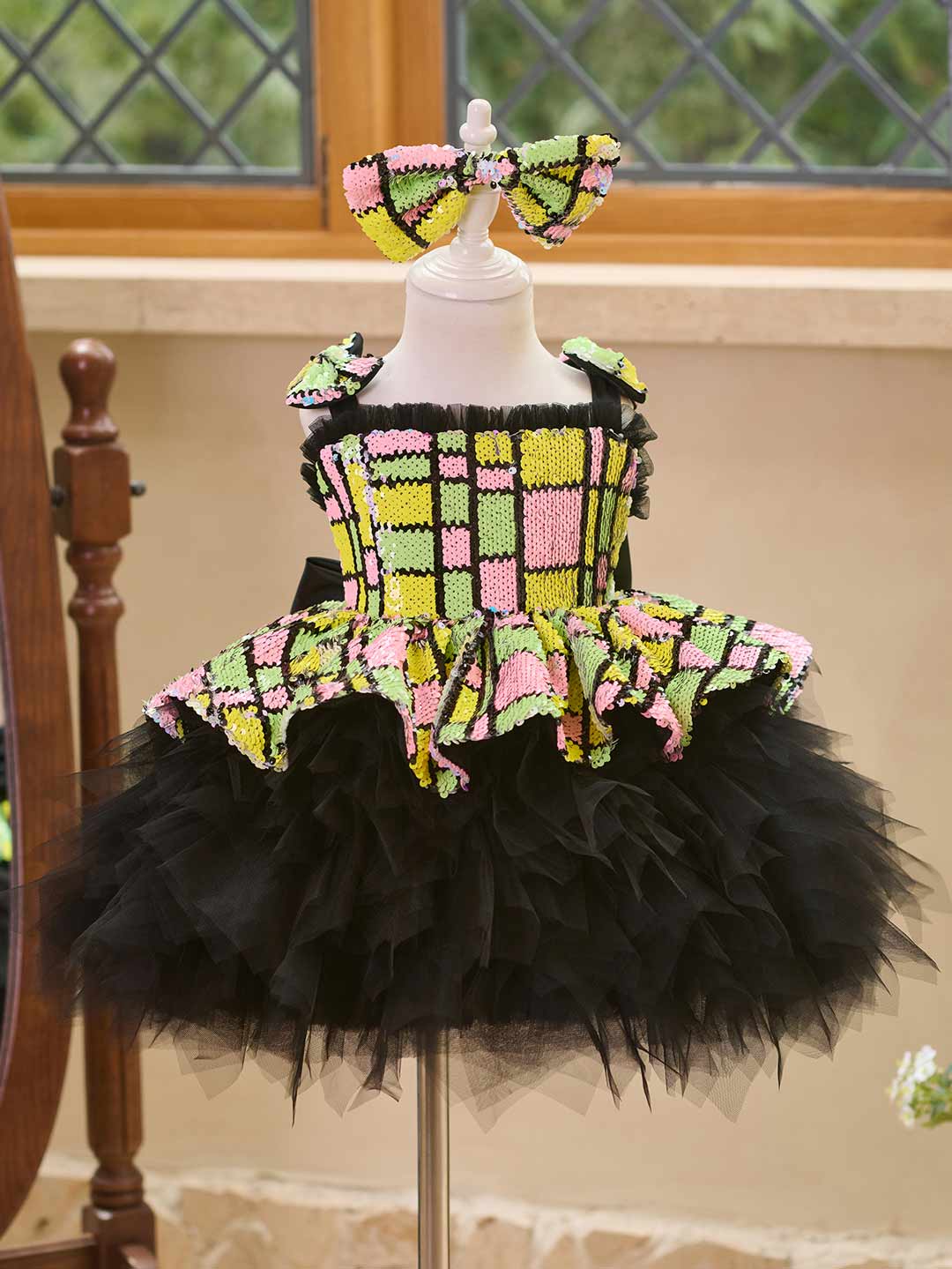 J520 Yellow-Black sequin tulle flower girl dress