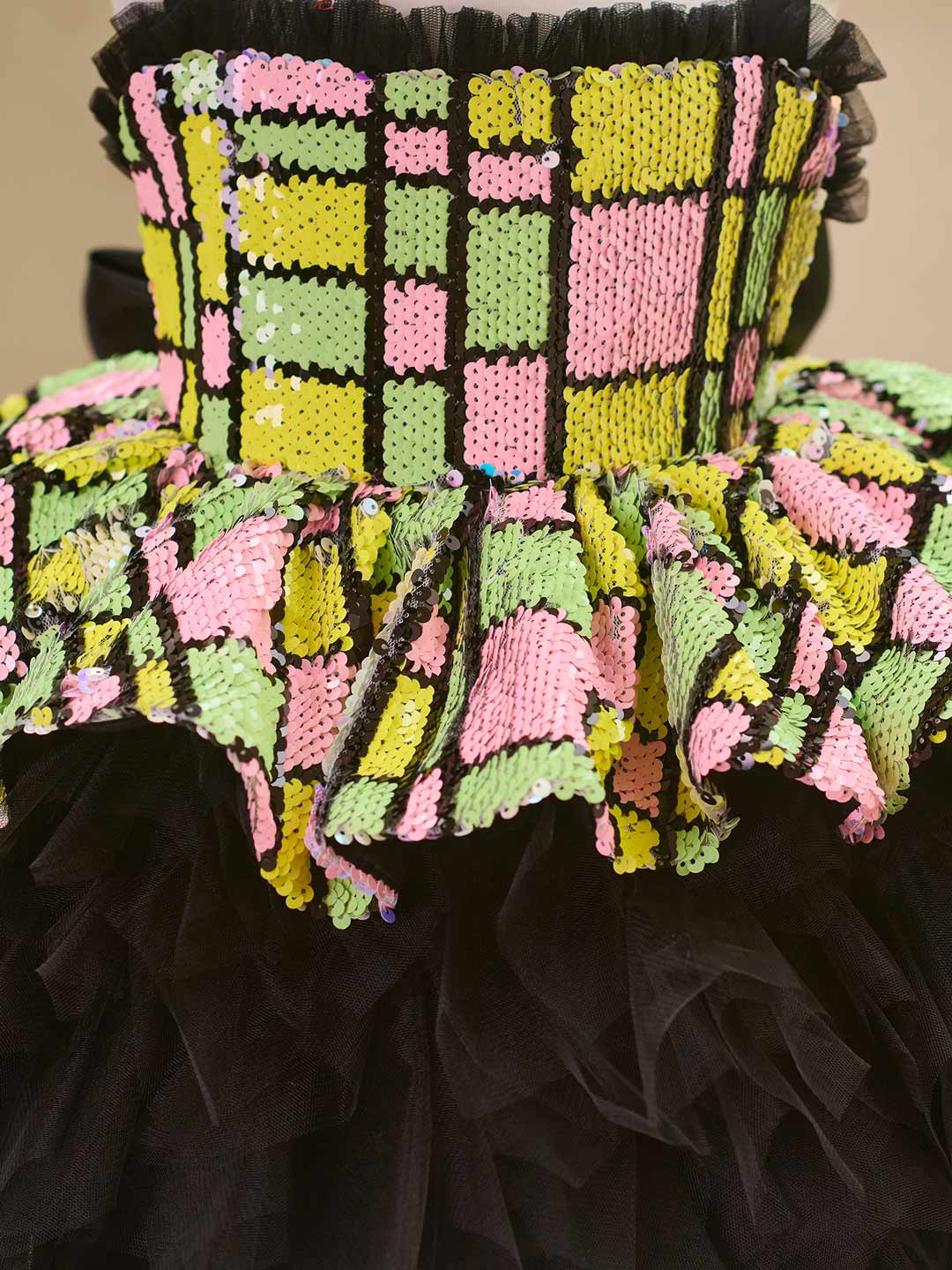 J520 Yellow-Black sequin tulle flower girl dress