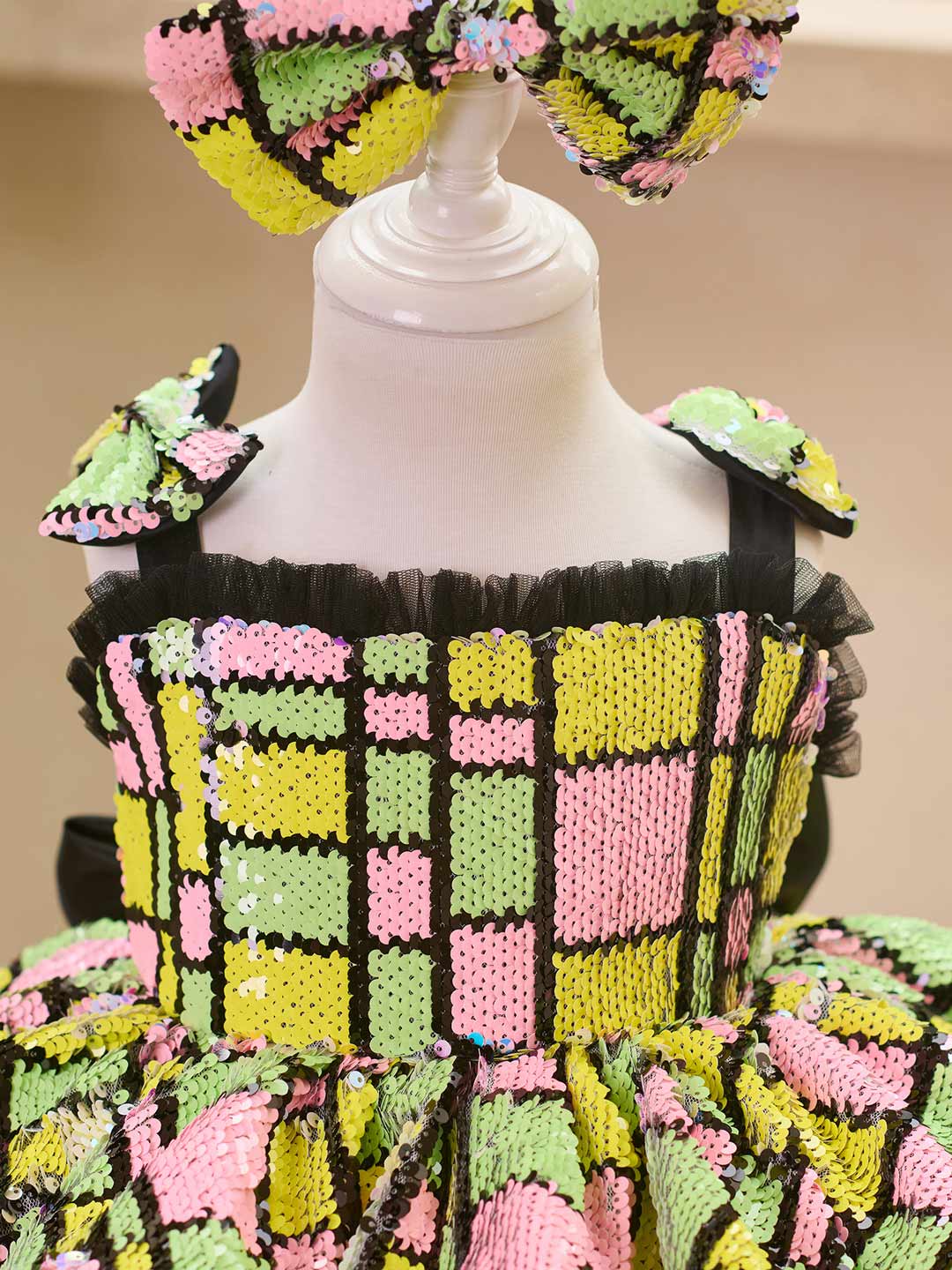 J520 Yellow-Black sequin tulle flower girl dress