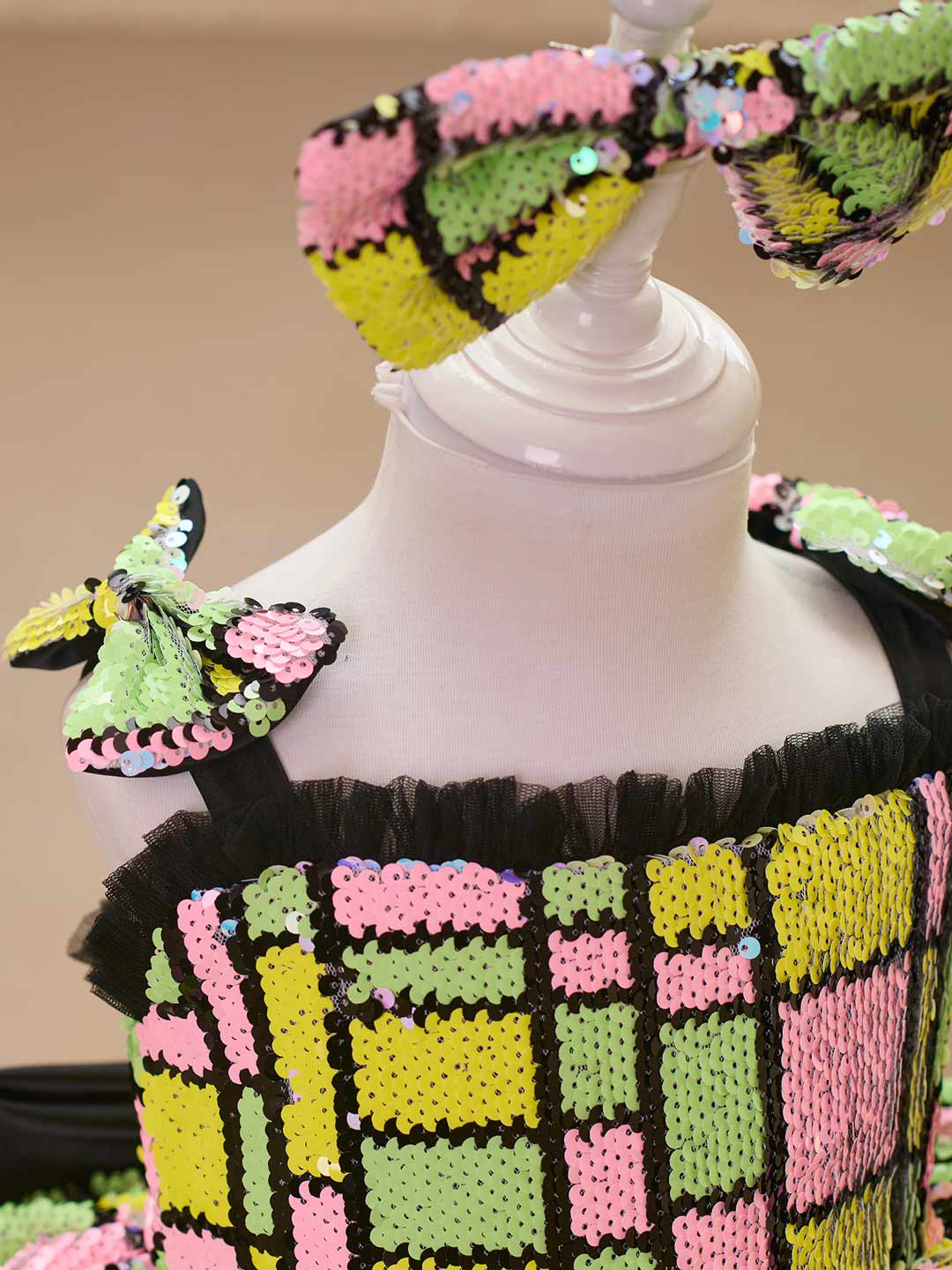 J520 Yellow-Black sequin tulle flower girl dress
