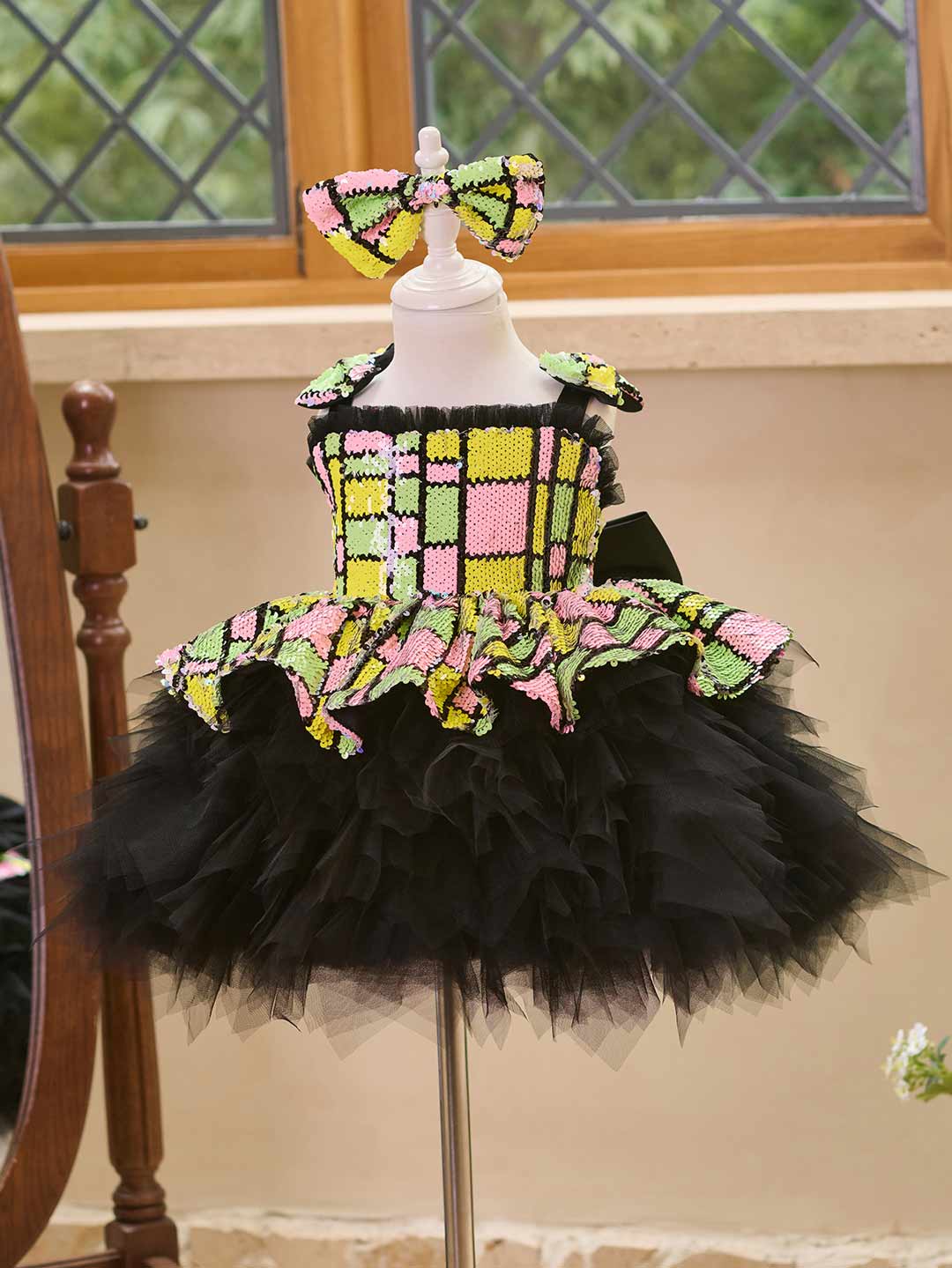 J520 Yellow-Black sequin tulle flower girl dress