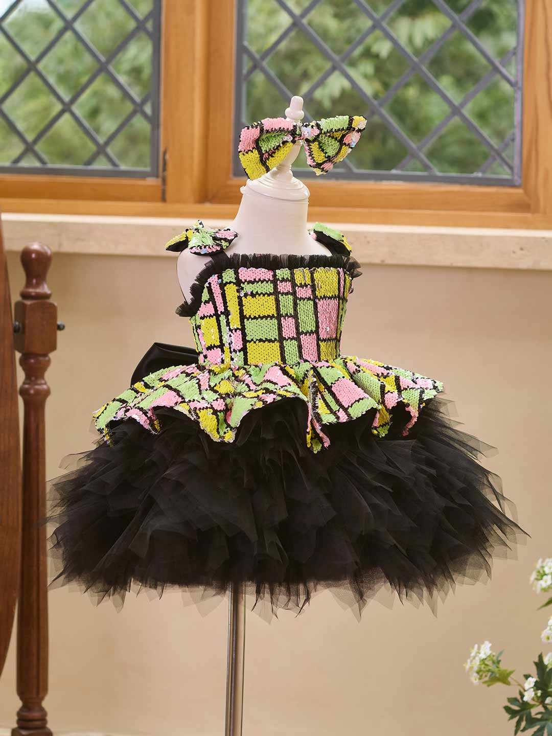J520 Yellow-Black sequin tulle flower girl dress
