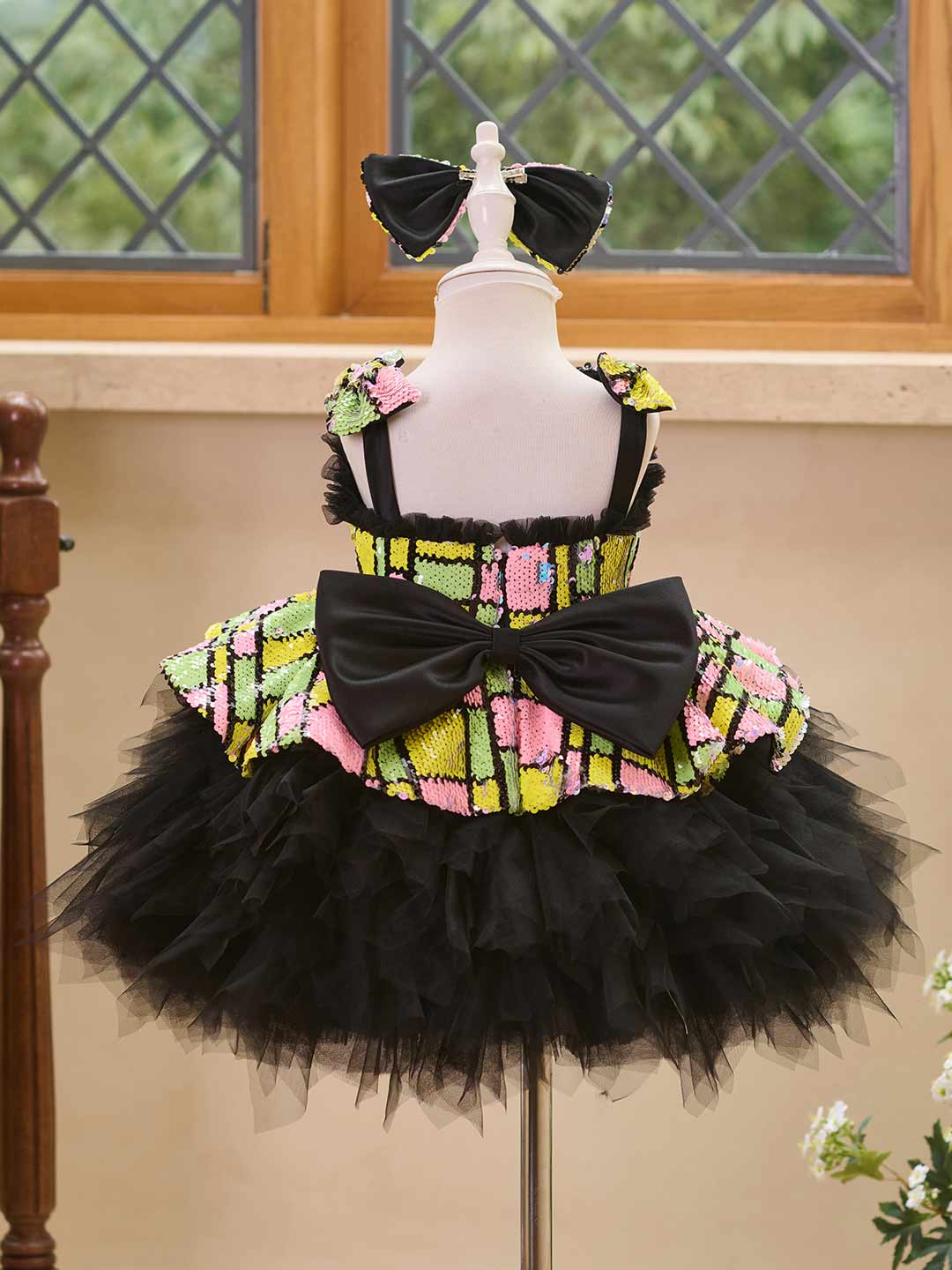 J520 Yellow-Black sequin tulle flower girl dress