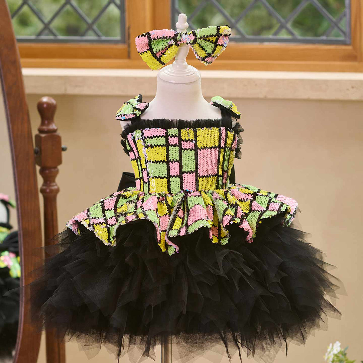J520 Yellow-Black sequin tulle flower girl dress