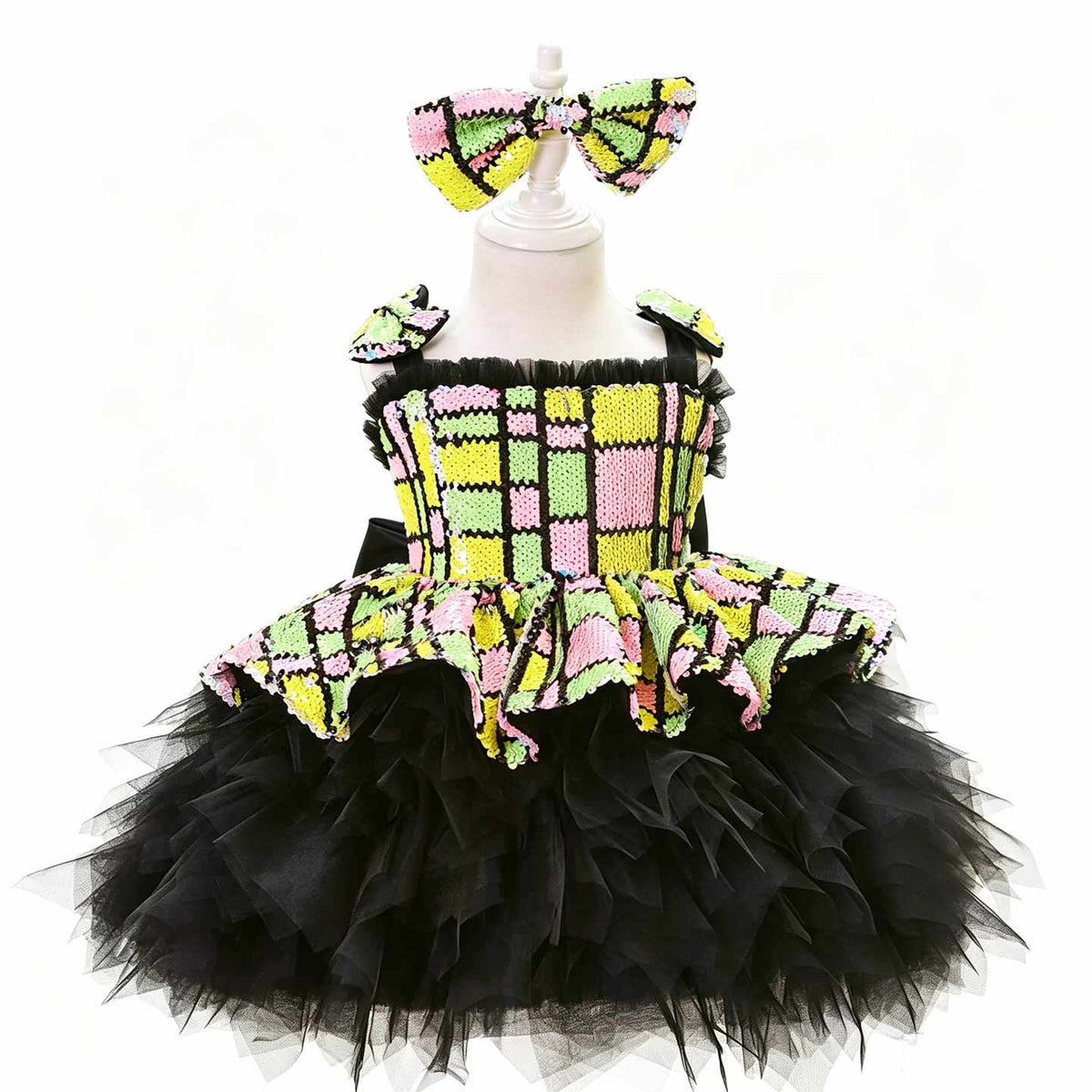 J520 Yellow-Black sequin tulle flower girl dress