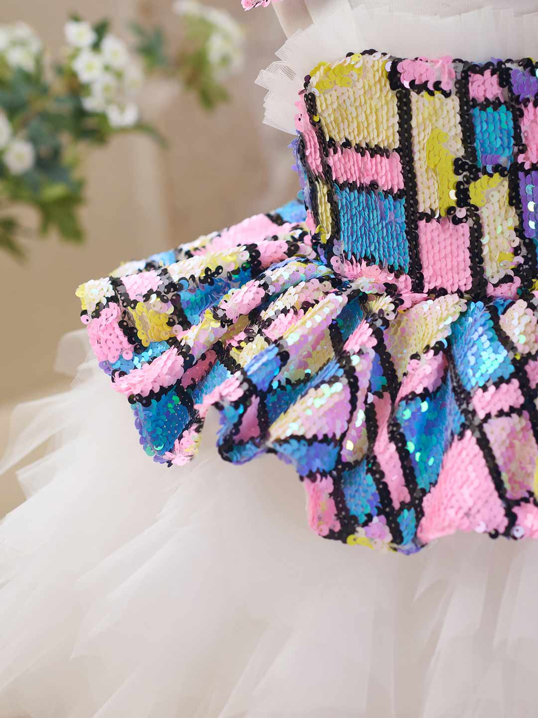 J522 sequin white tulle flower girl dress