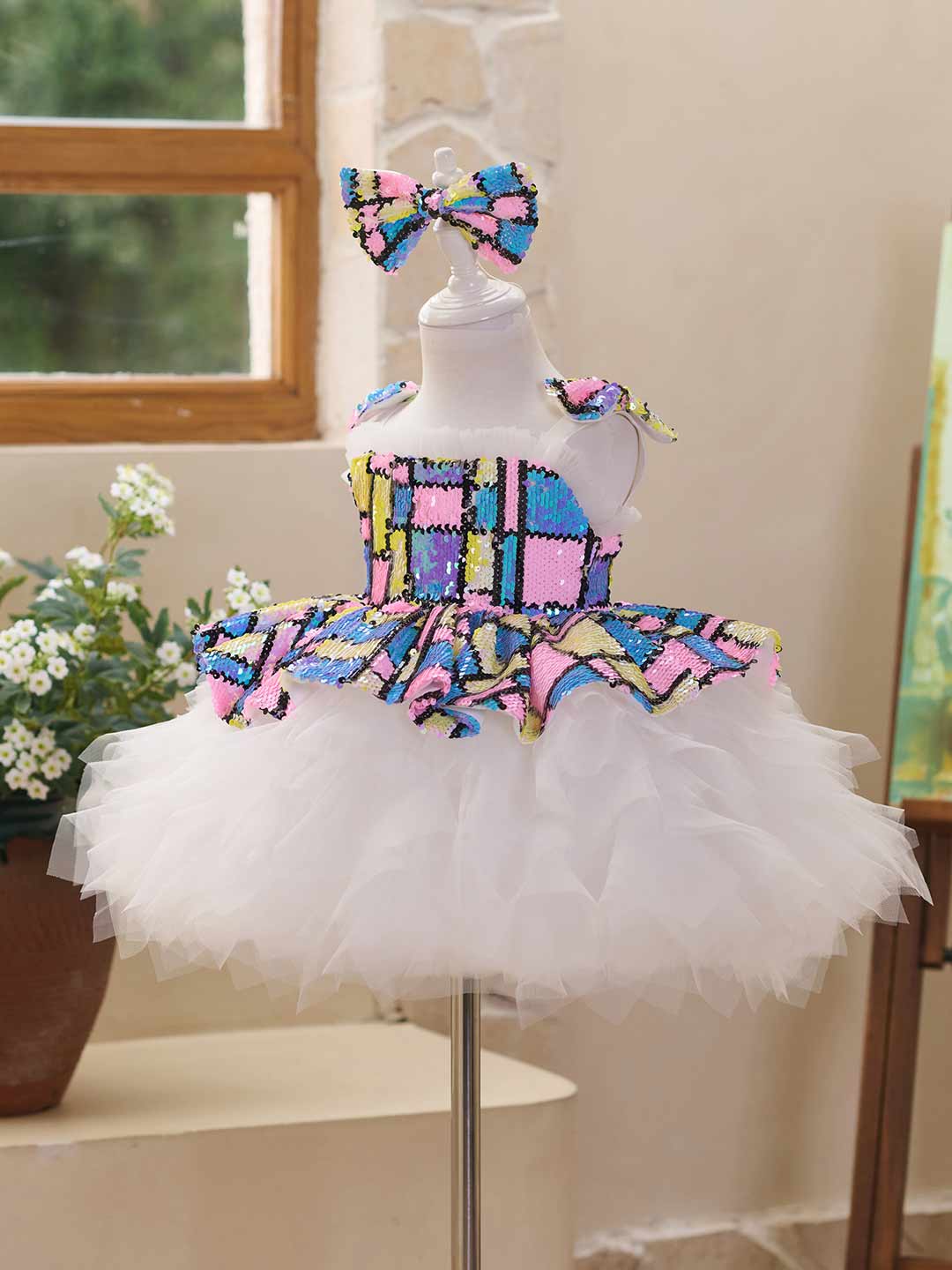 J522 sequin white tulle flower girl dress