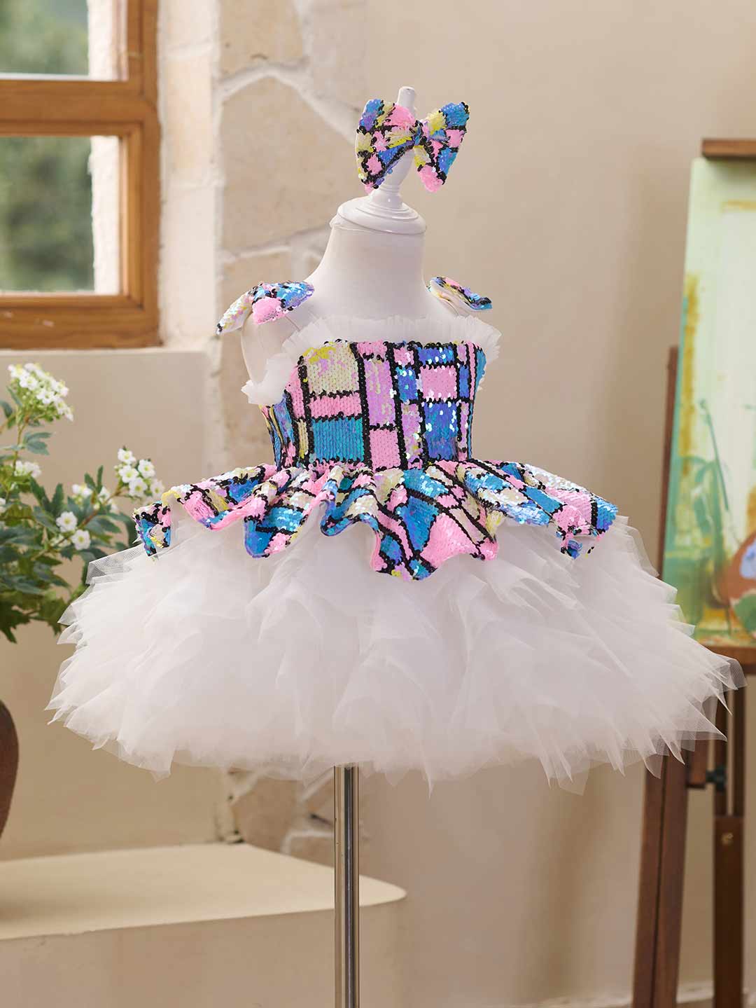 J522 sequin white tulle flower girl dress