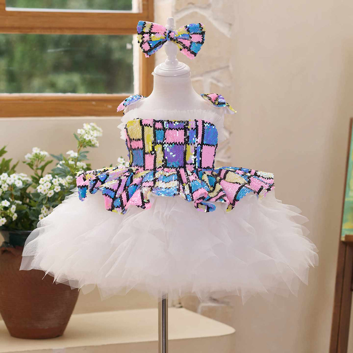 J522 sequin white tulle flower girl dress