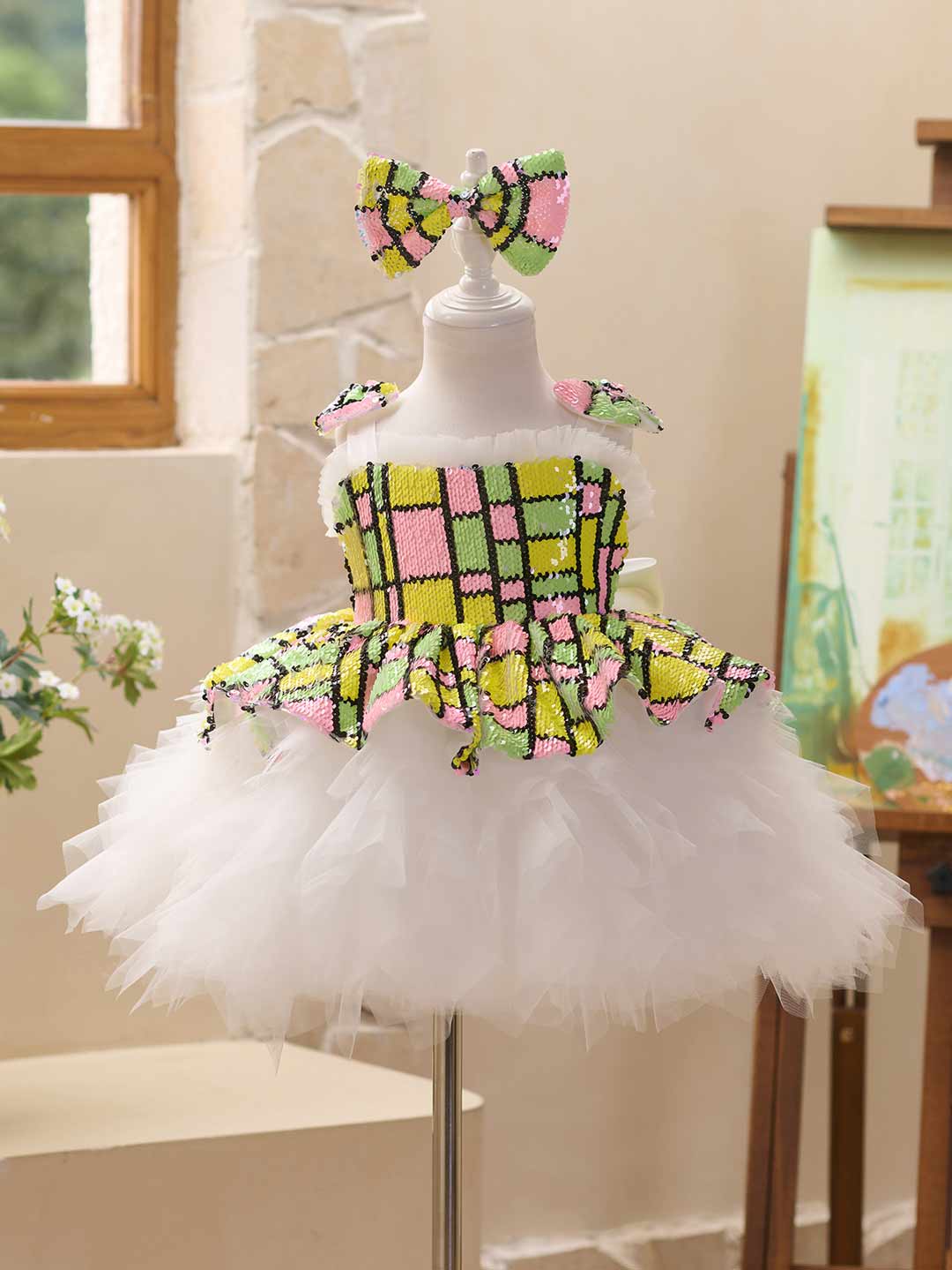 J522 sequin white tulle flower girl dress