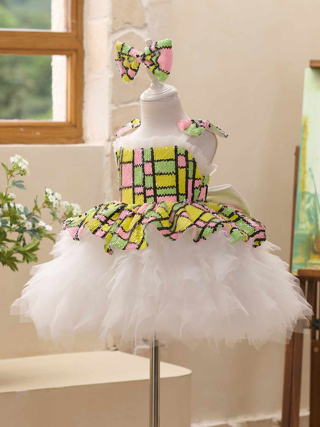 J522 sequin white tulle flower girl dress
