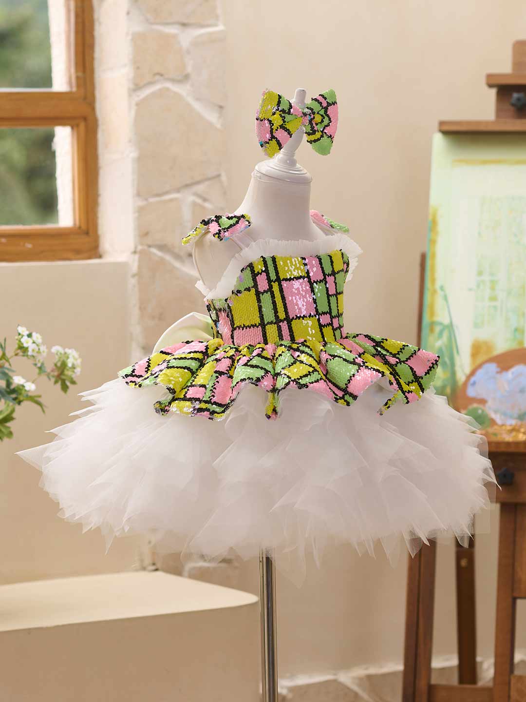 J522 sequin white tulle flower girl dress
