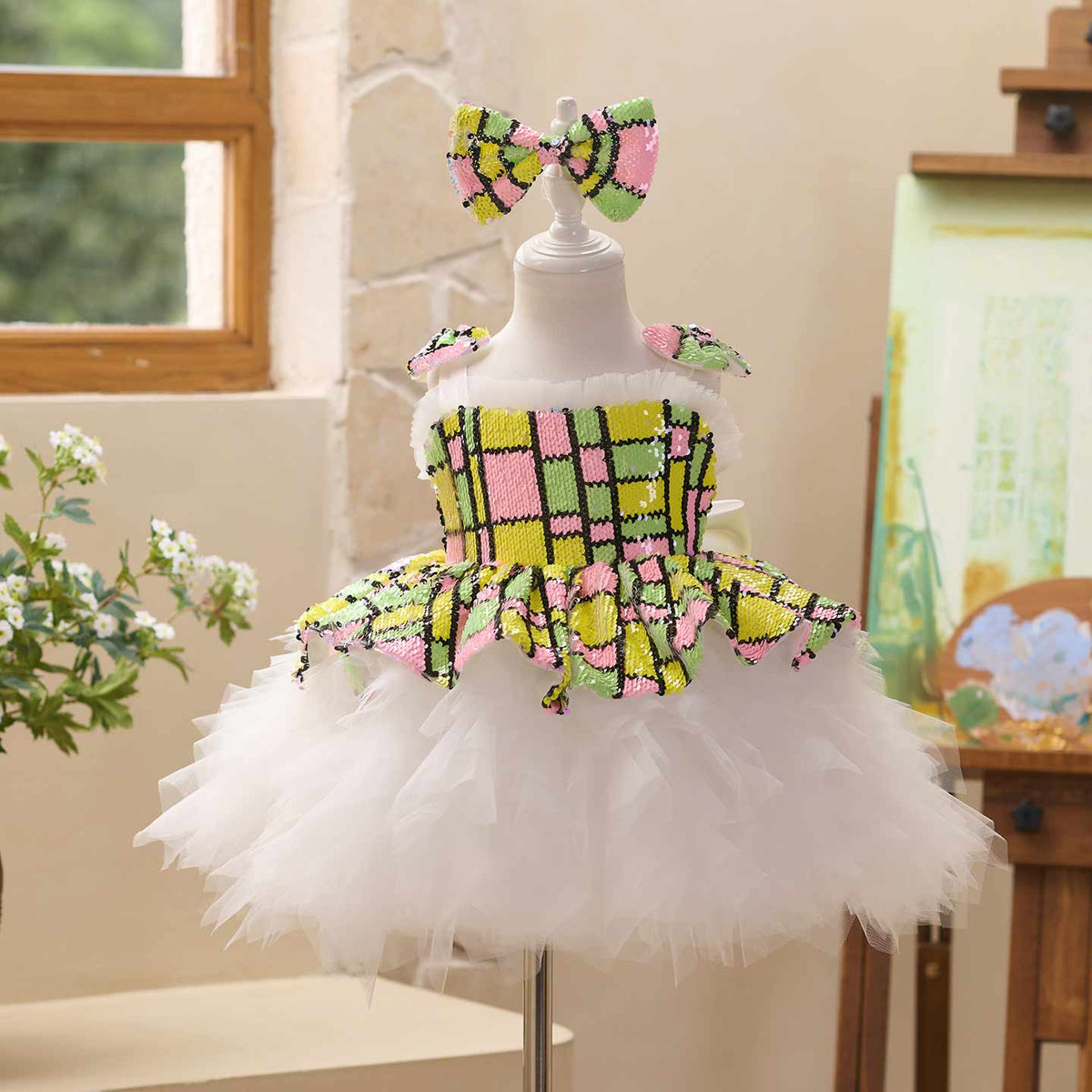 J522 sequin white tulle flower girl dress