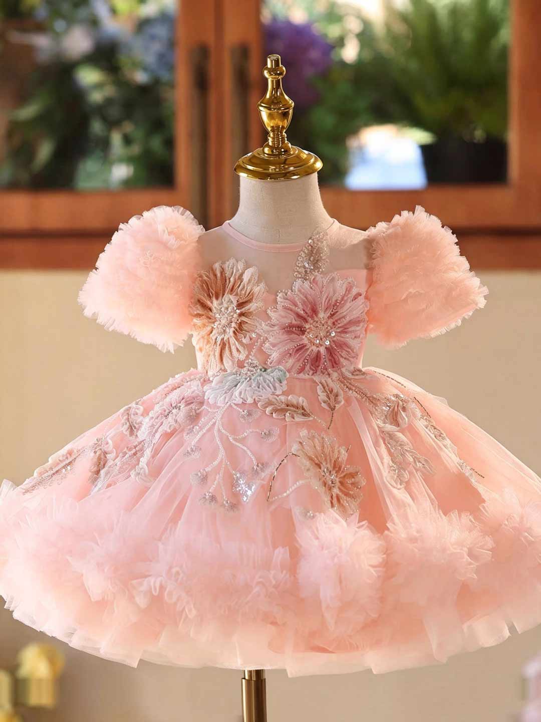 J523 pink floral tulle flower girl dress