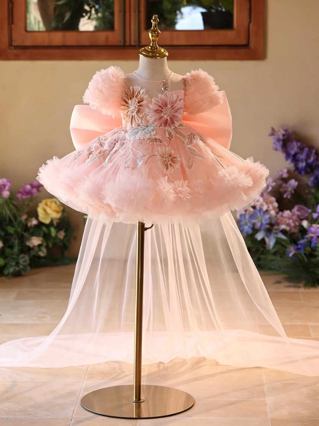 J523 pink floral tulle flower girl dress