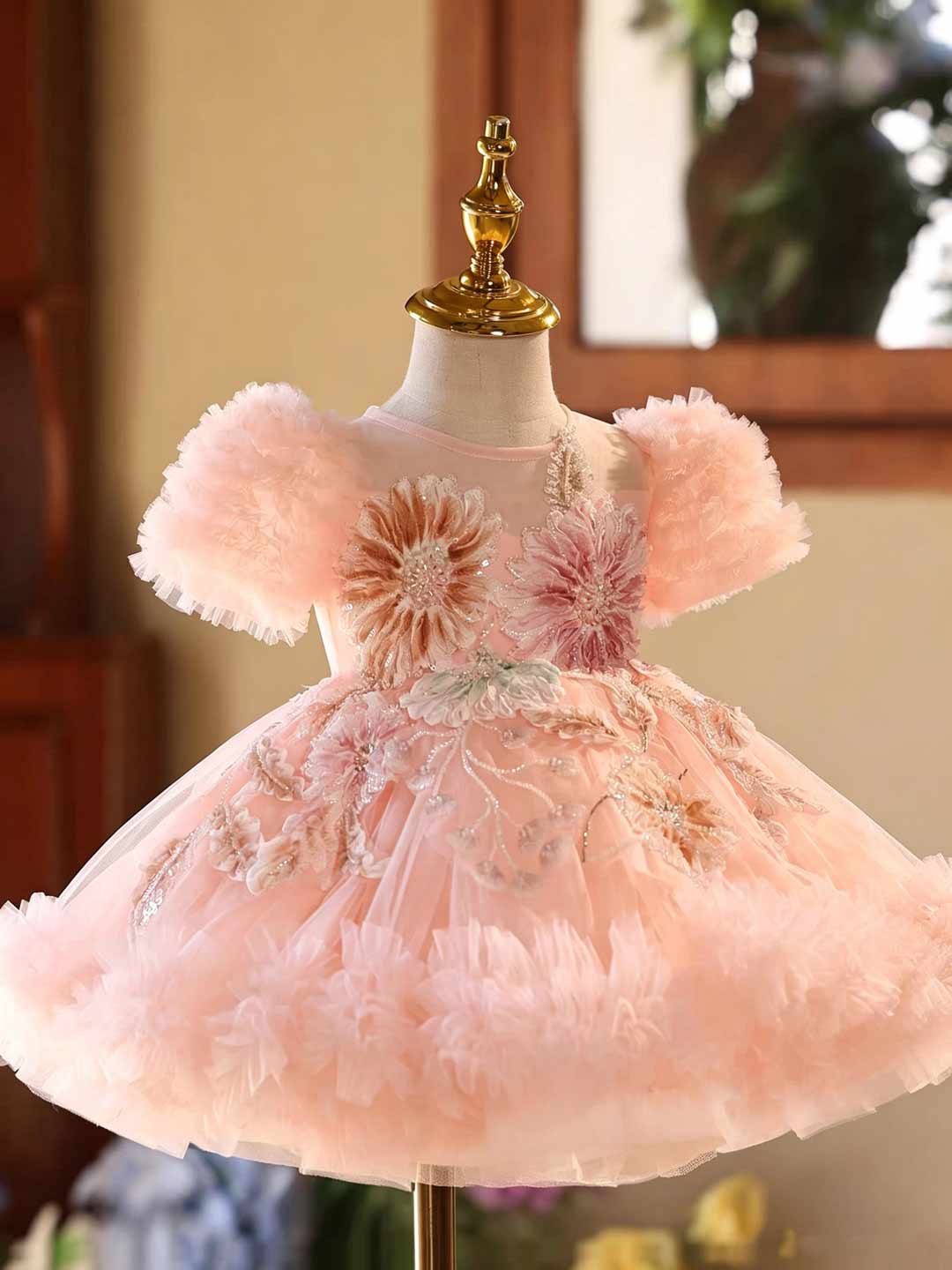 J523 pink floral tulle flower girl dress