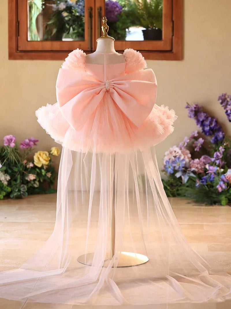 J523 pink floral tulle flower girl dress