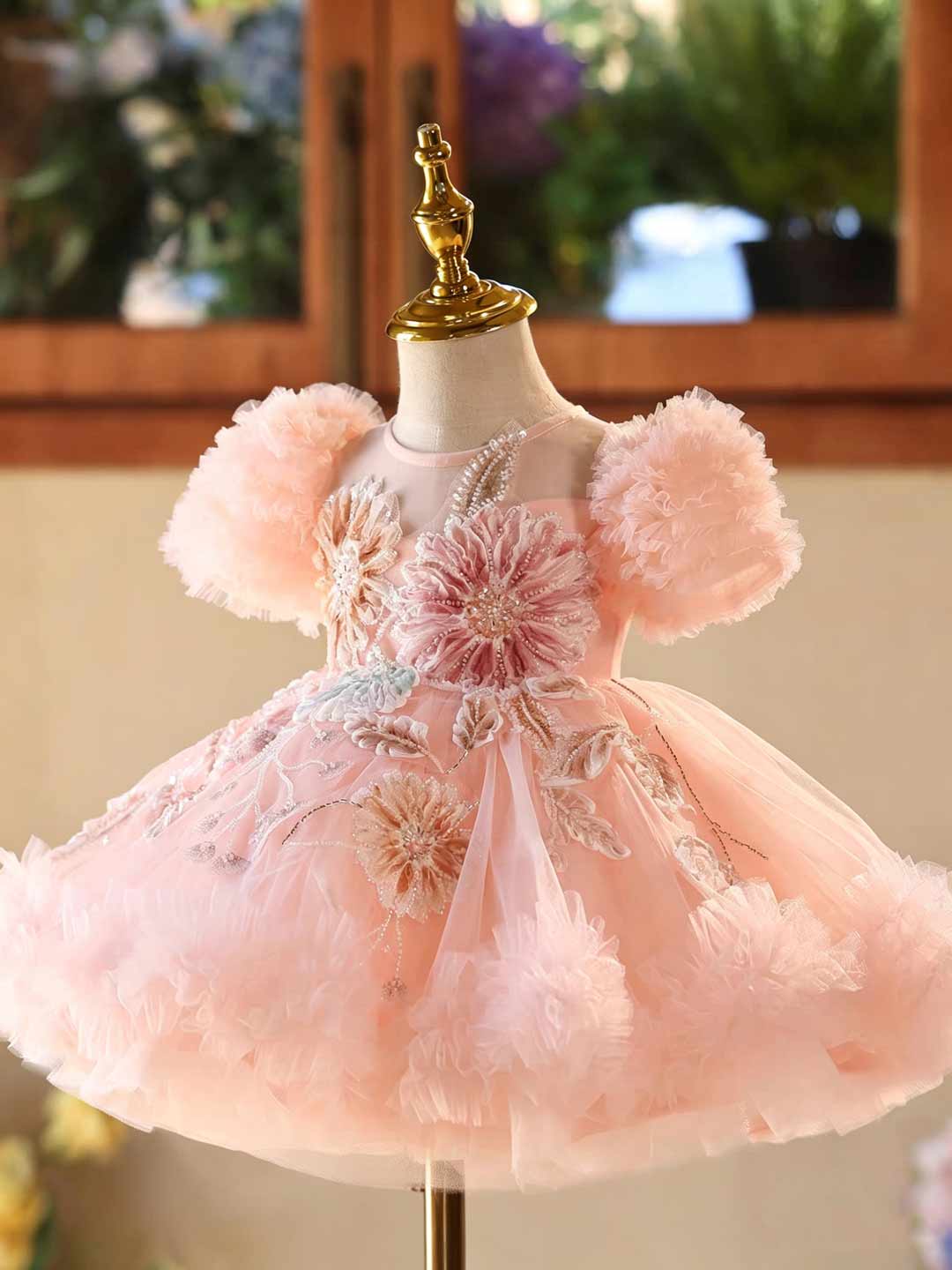 J523 pink floral tulle flower girl dress