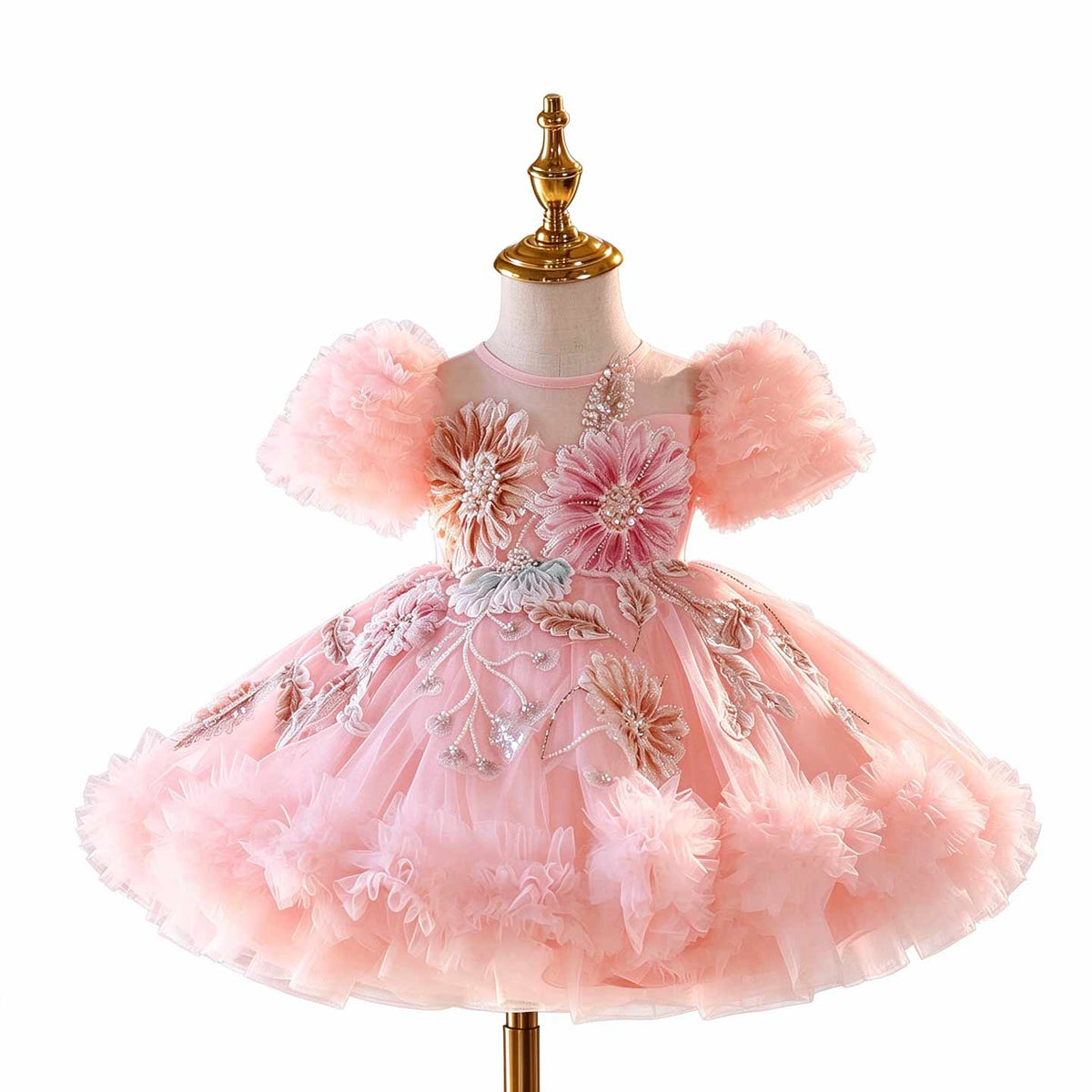 J523 pink floral tulle flower girl dress