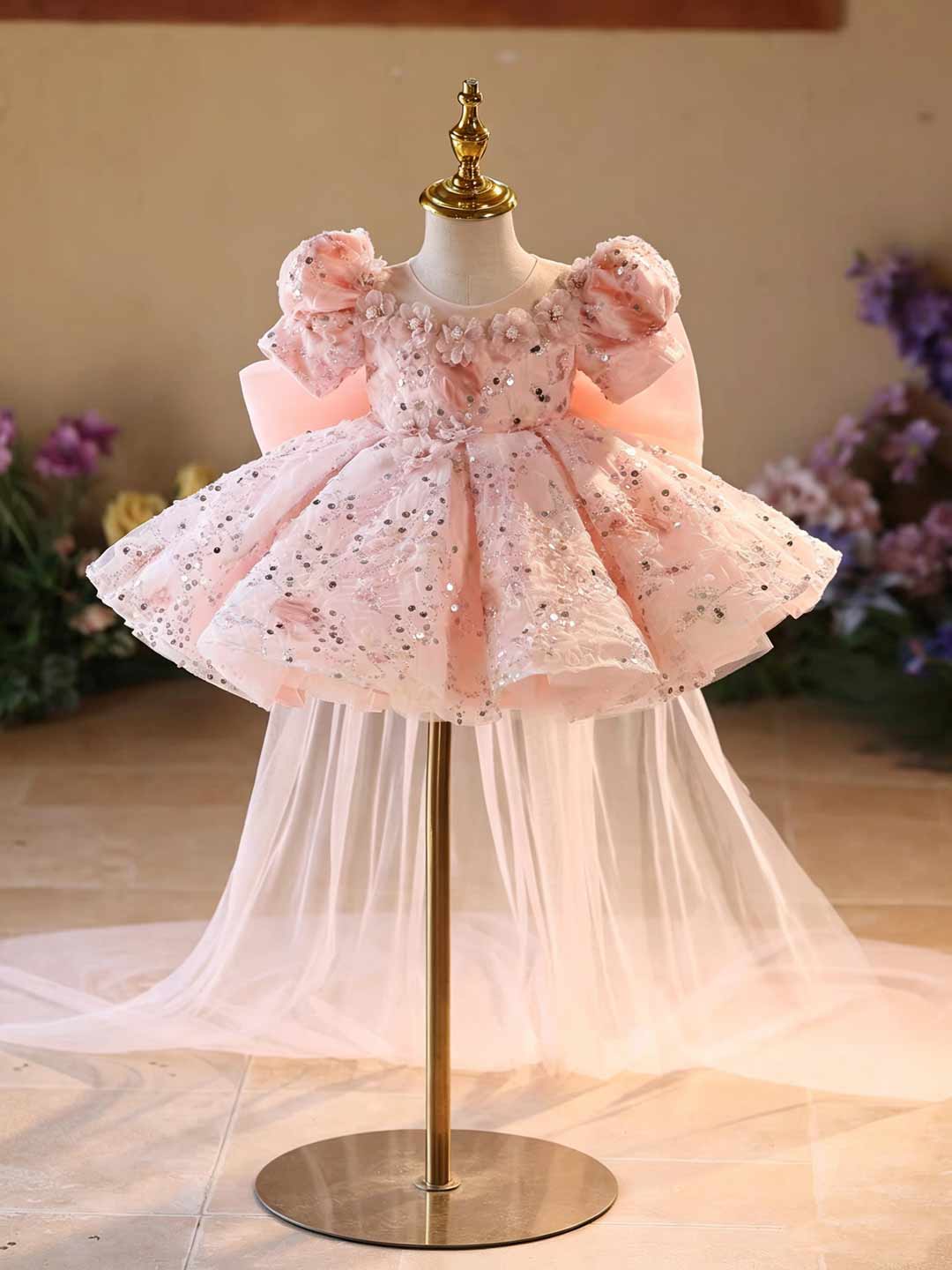 J524 pink sequin floral tulle flower girl dress