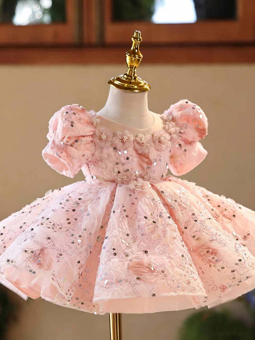 J524 pink sequin floral tulle flower girl dress