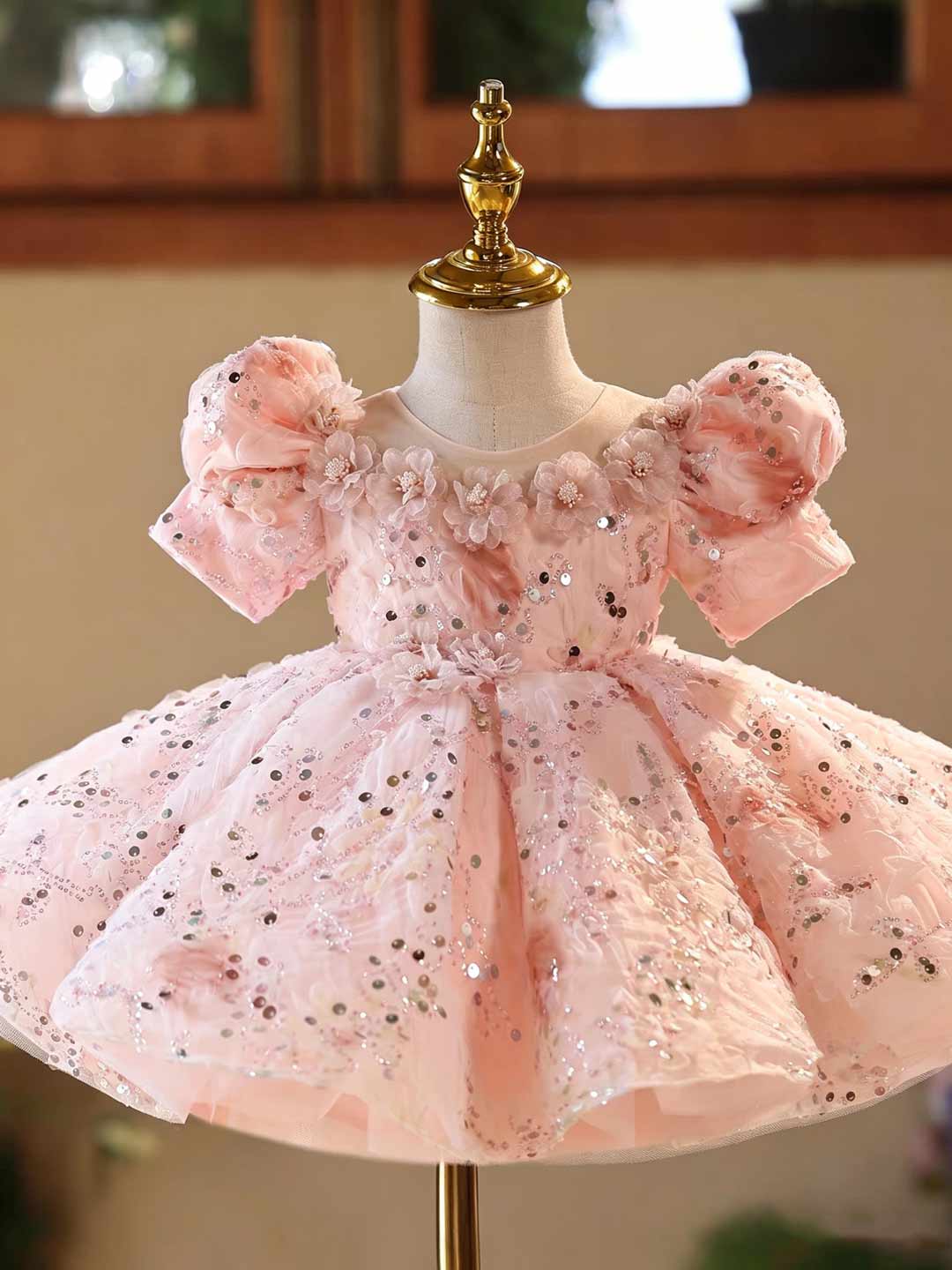 J524 pink sequin floral tulle flower girl dress