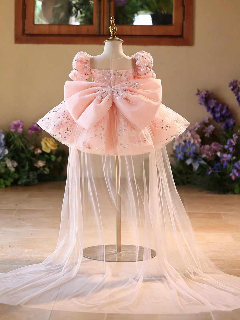 J524 pink sequin floral tulle flower girl dress