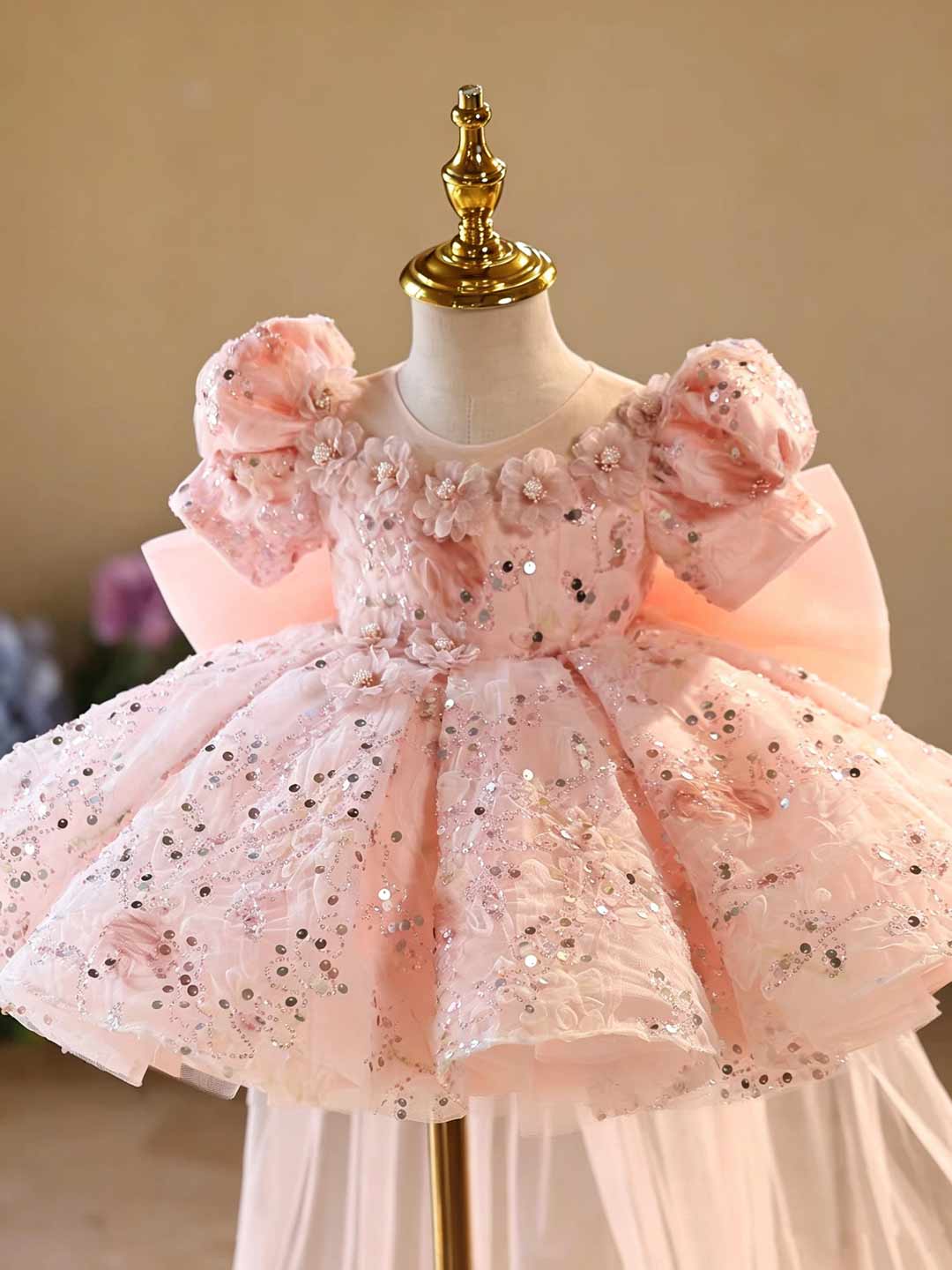 J524 pink sequin floral tulle flower girl dress