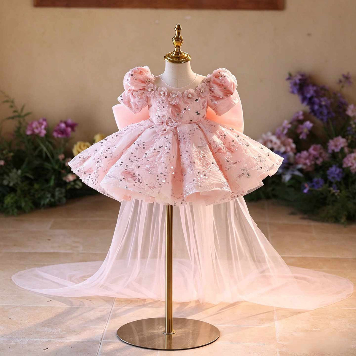 J524 pink sequin floral tulle flower girl dress