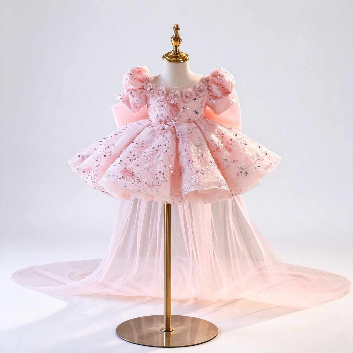 J524 pink sequin floral tulle flower girl dress