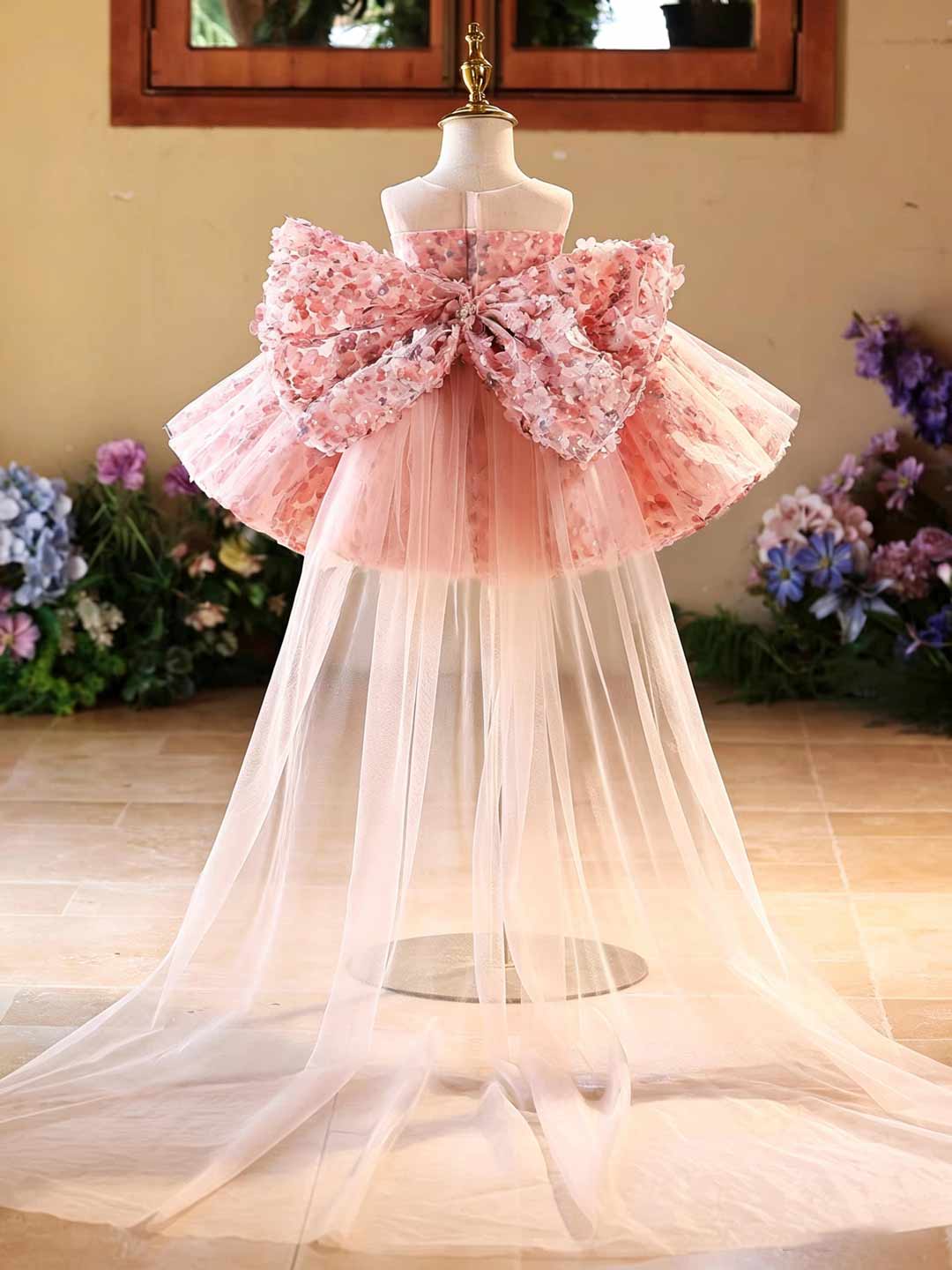 J525 pink floral tulle flower girl dress
