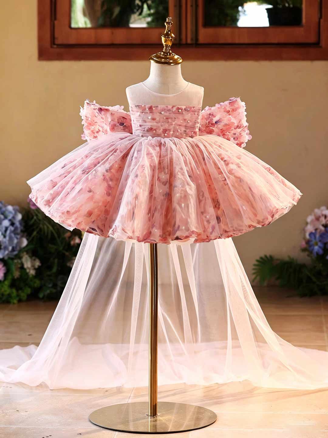 J525 pink floral tulle flower girl dress