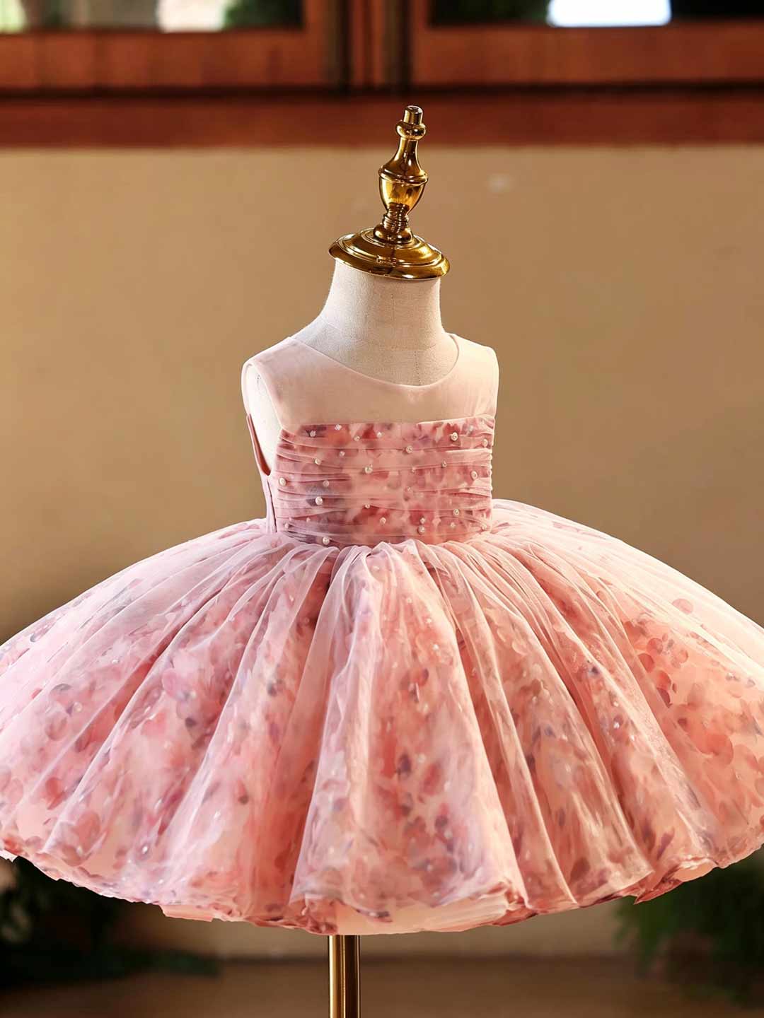J525 pink floral tulle flower girl dress