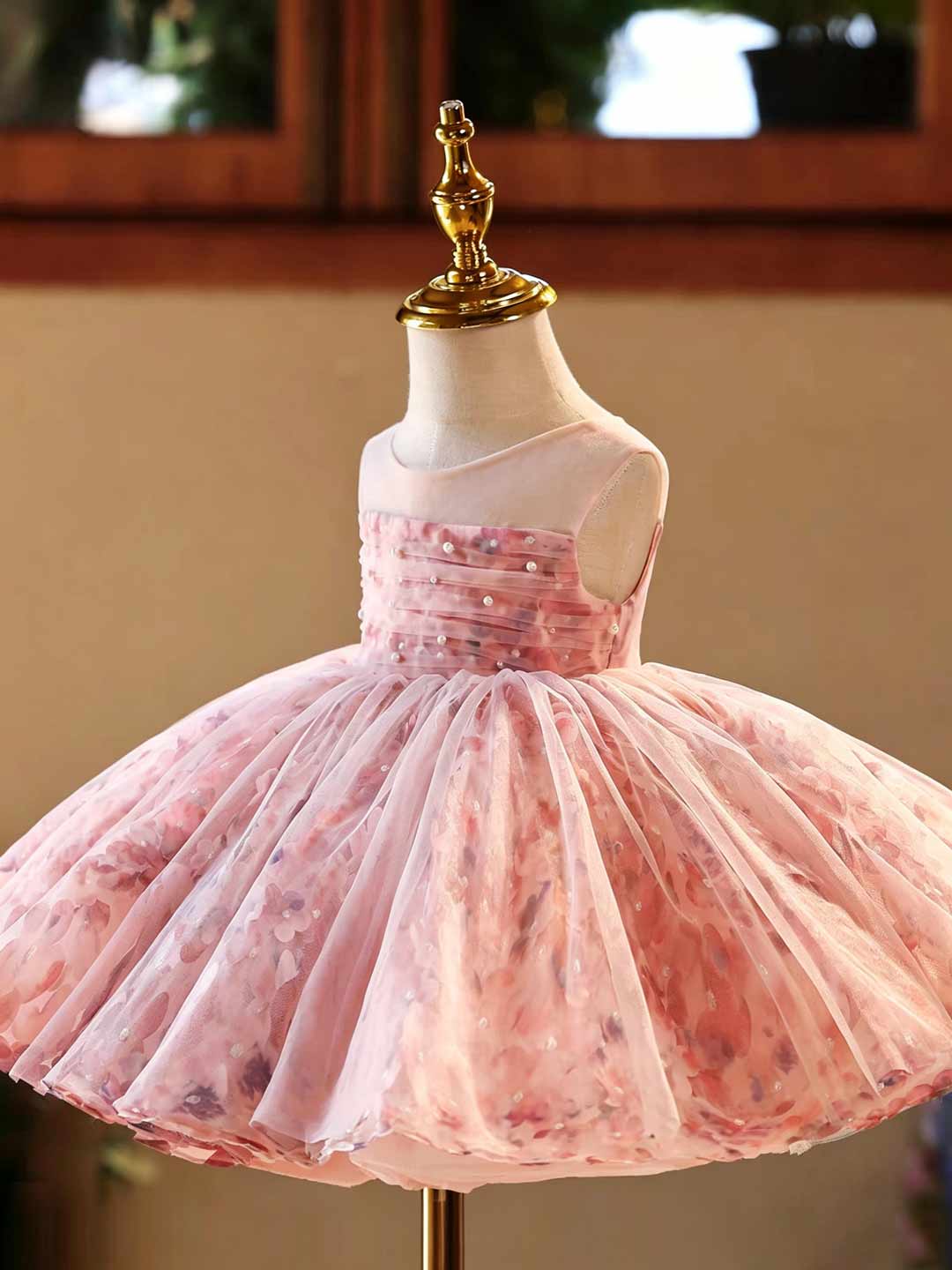 J525 pink floral tulle flower girl dress
