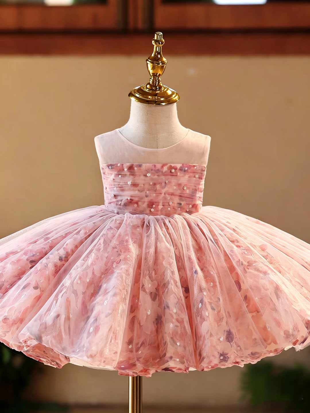 J525 pink floral tulle flower girl dress