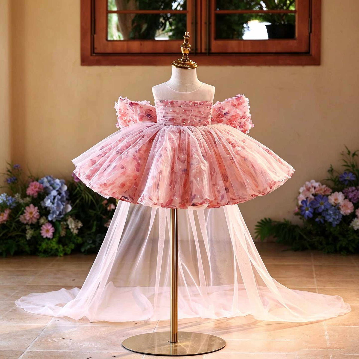 J525 pink floral tulle flower girl dress