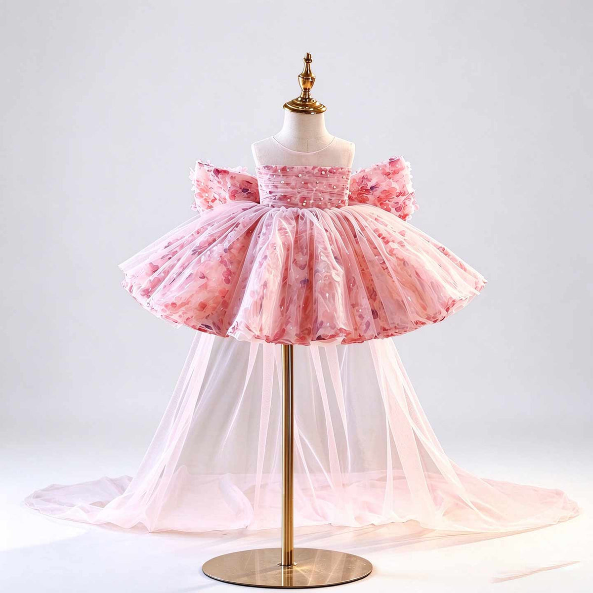 J525 pink floral tulle flower girl dress