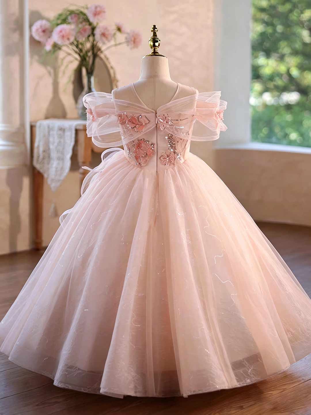 Pink beaded tulle flower girl ball gown J624 2