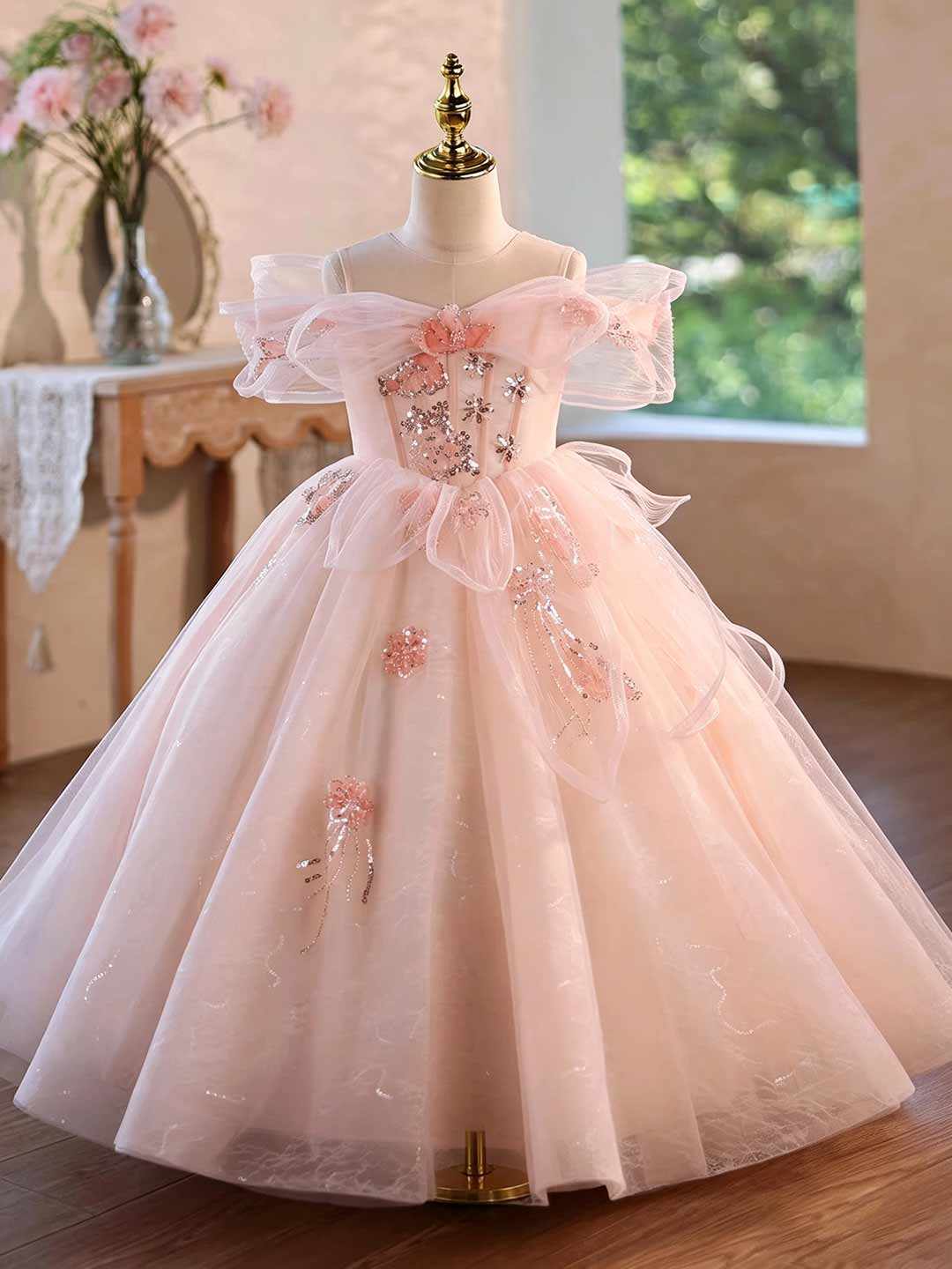 Pink beaded tulle flower girl ball gown J624 3