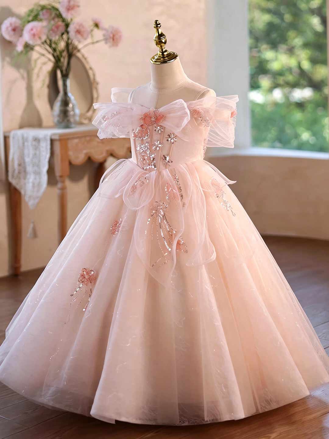 Pink beaded tulle flower girl ball gown J624 4