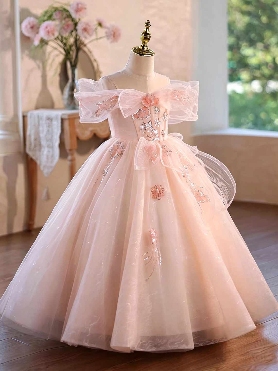 Pink beaded tulle flower girl ball gown J624 5