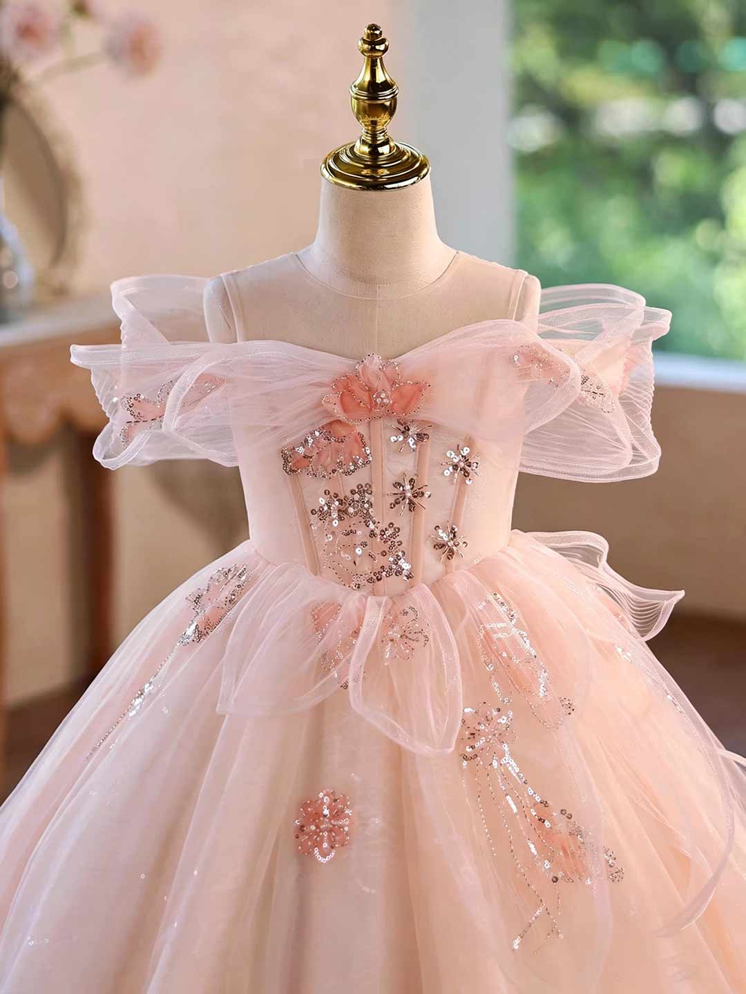 Pink beaded tulle flower girl ball gown J624 6