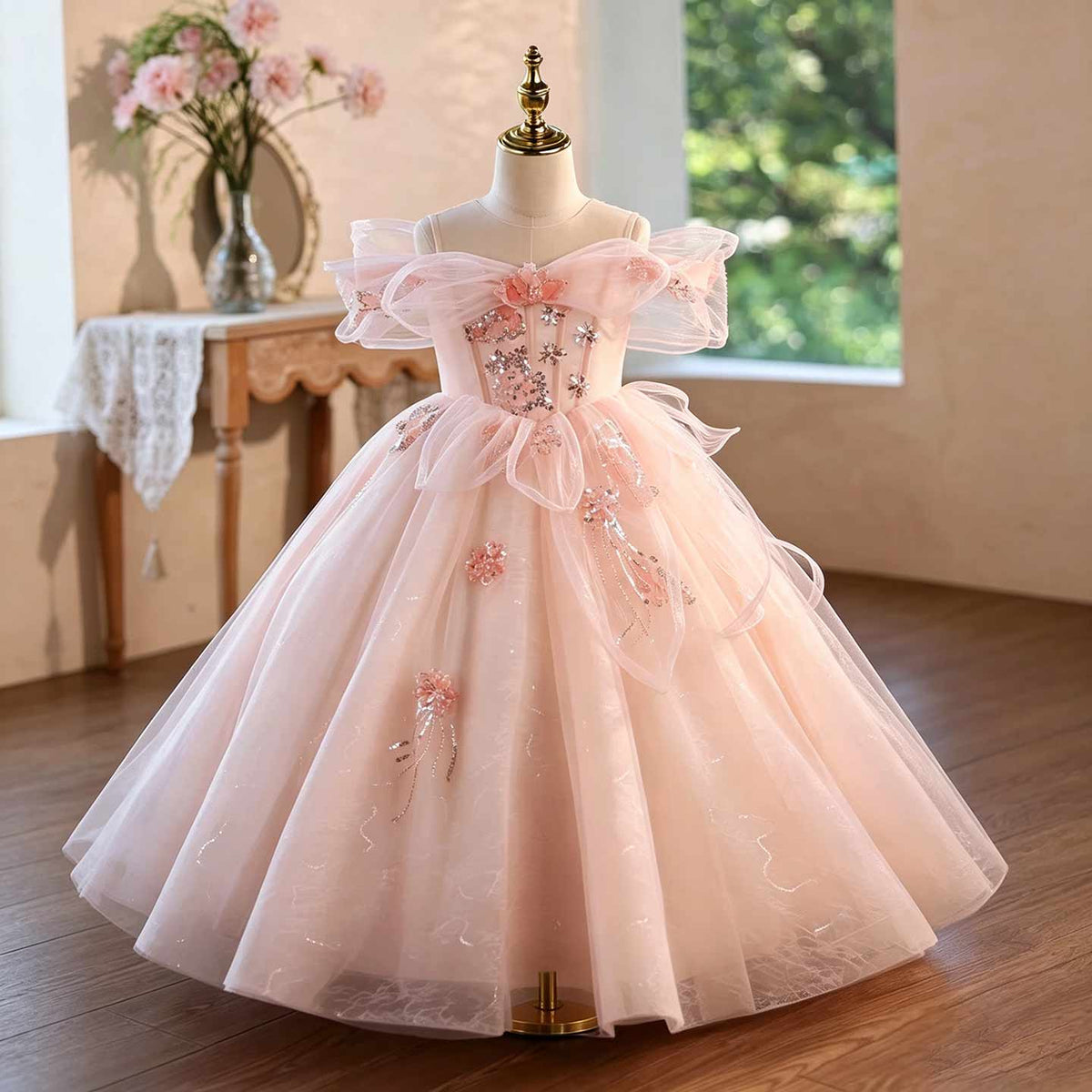 Pink beaded tulle flower girl ball gown J624 1