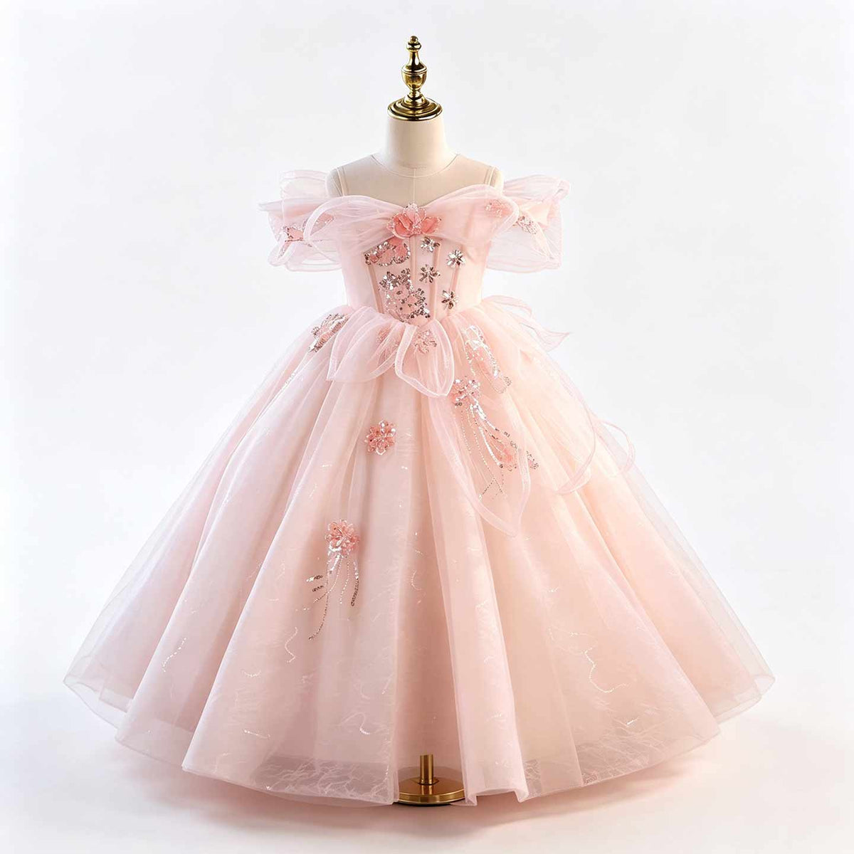 Pink beaded tulle flower girl ball gown J624 7