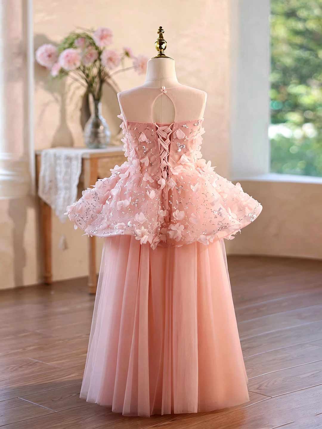 Pink 3D floral tulle flower girl dress J625 2