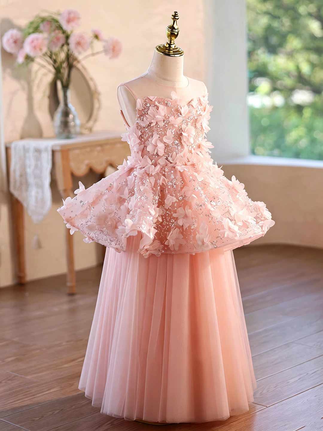 Pink 3D floral tulle flower girl dress J625 3