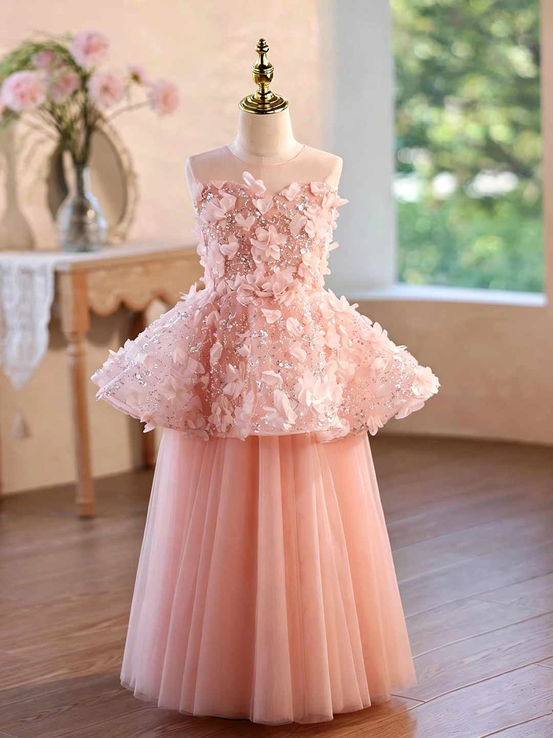 Pink 3D floral tulle flower girl dress J625 4